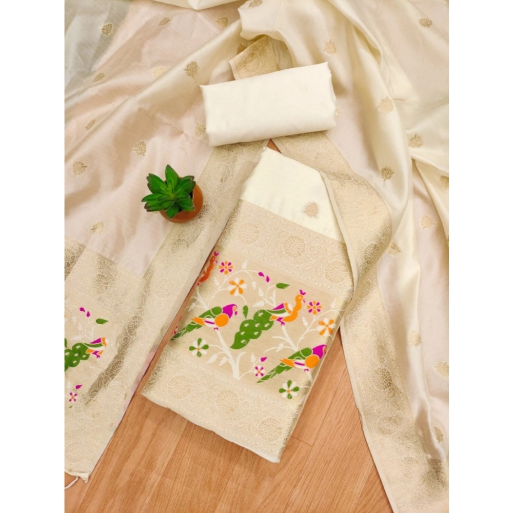 Women's Banarasi Silk Printed Unstitched Salwar Suit Material With Dupatta (White, 3Mtrs) - Image 2