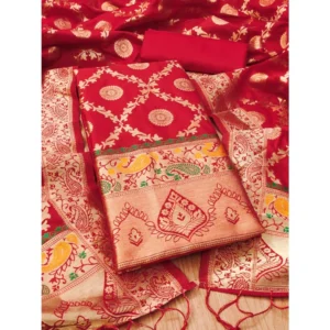 Women's Banarasi Silk Printed Unstitched Salwar Suit Material With Dupatta (Red, 3Mtrs)