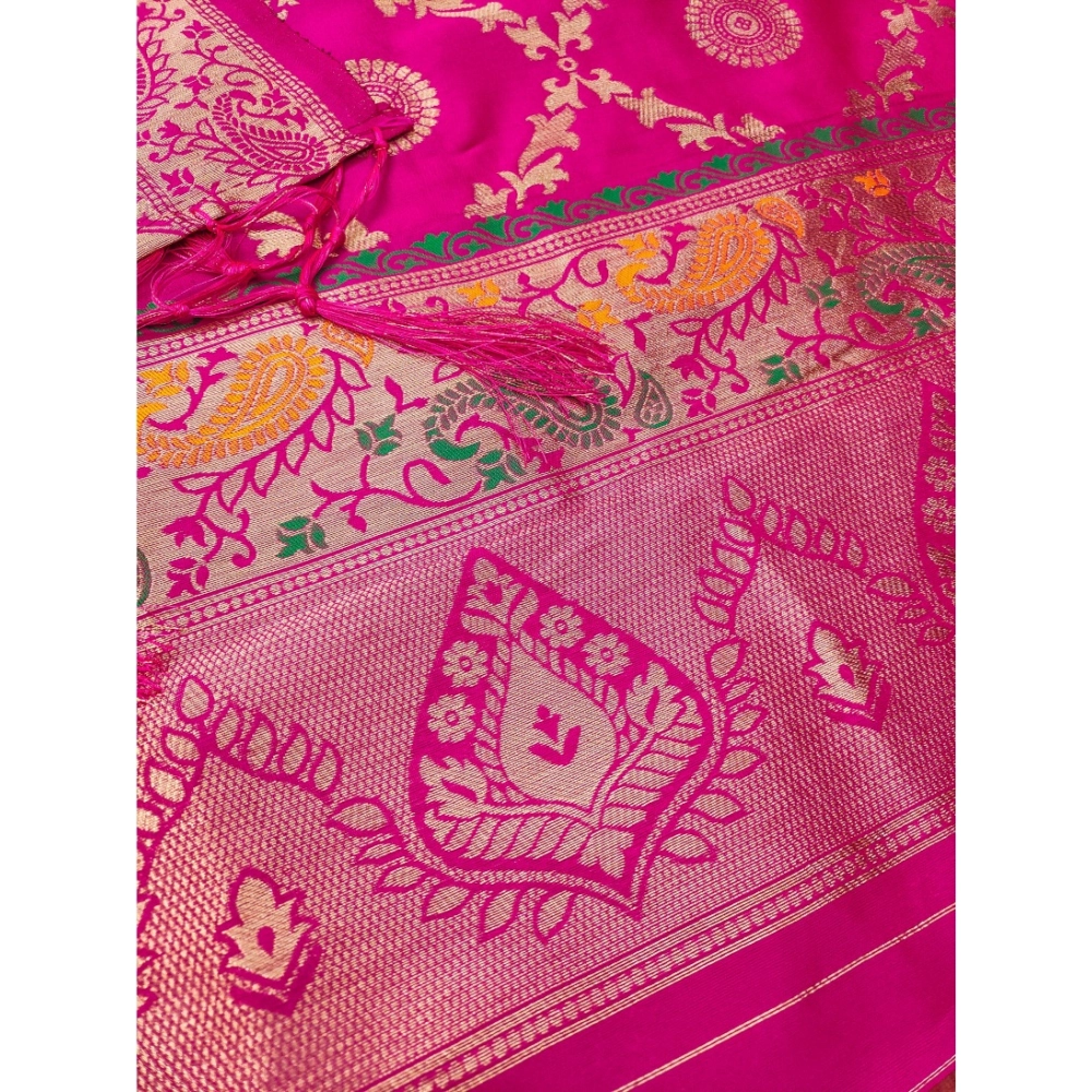 Women's Banarasi Silk Printed Unstitched Salwar Suit Material With Dupatta (Pink, 3Mtrs) - Image 4