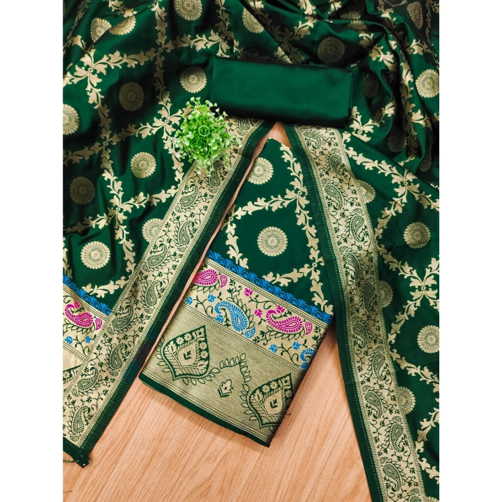 Women's Banarasi Silk Printed Unstitched Salwar Suit Material With Dupatta (Bottle Green, 3Mtrs) - Image 2