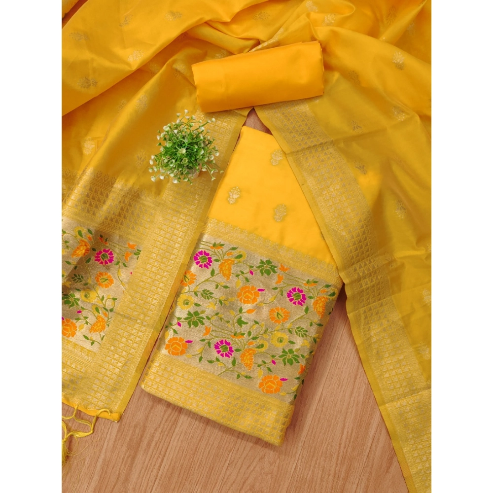Women's Banarasi Silk Printed Unstitched Salwar Suit Material With Dupatta (Yellow, 3Mtrs) - Image 2