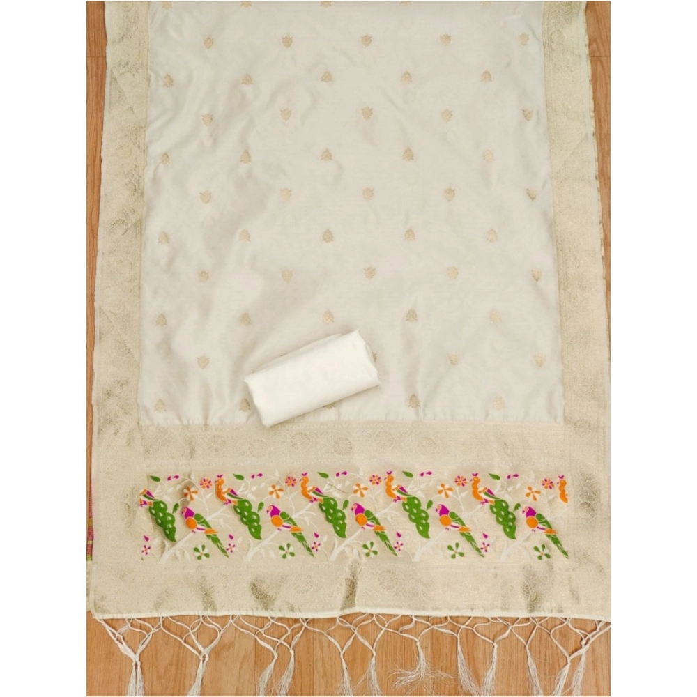 Women's Banarasi Silk Printed Unstitched Salwar Suit Material With Dupatta (White, 3Mtrs) - Image 4