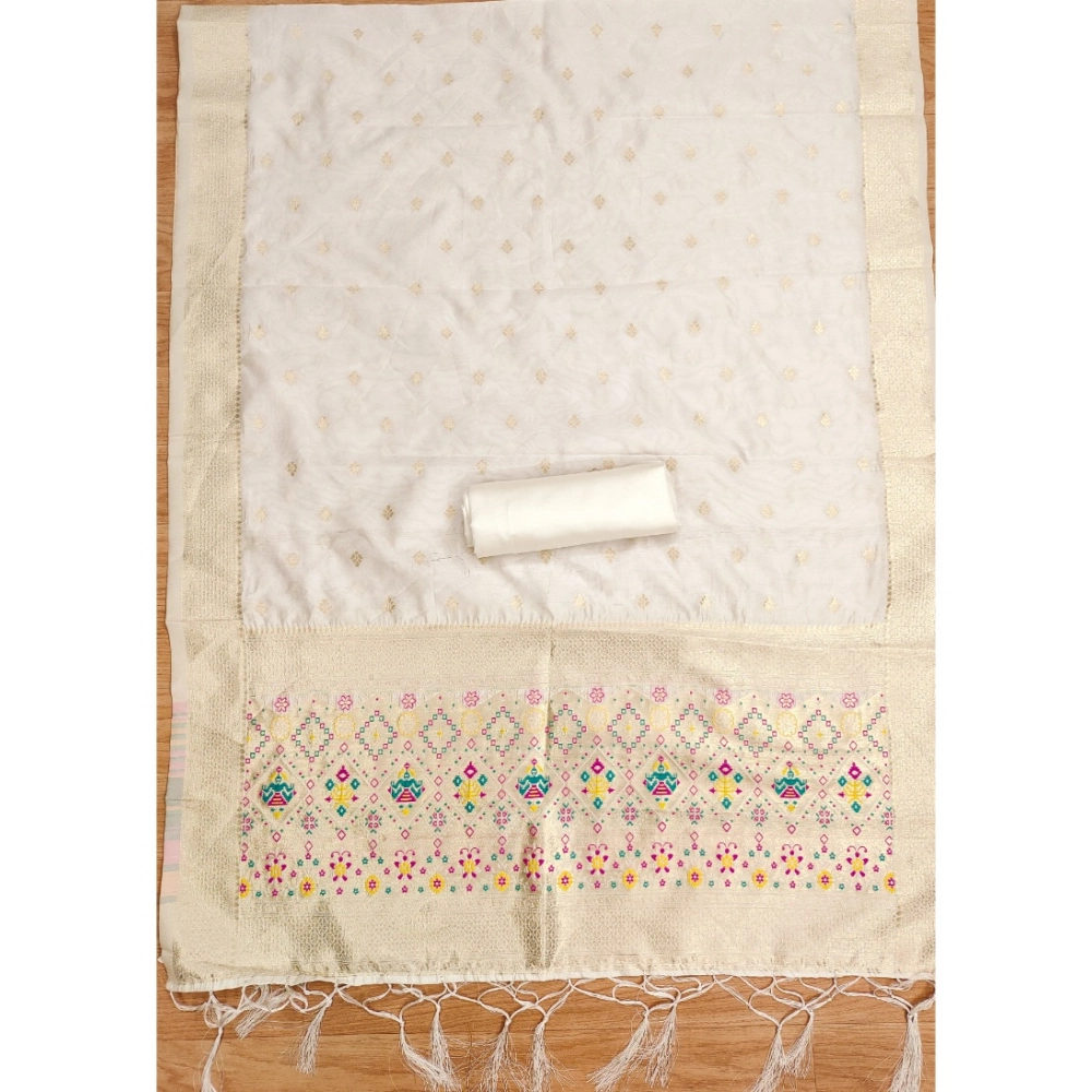 Women's Banarasi Silk Printed Unstitched Salwar Suit Material With Dupatta (White, 3Mtrs) - Image 4