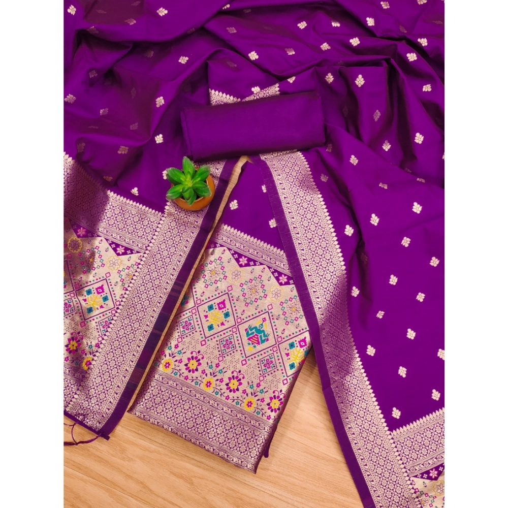 Women's Banarasi Silk Printed Unstitched Salwar Suit Material With Dupatta (Purple, 3Mtrs) - Image 2