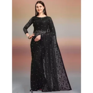 Women's Net Self Design Saree With Unstitched Blouse 5.5Mtr (Black)