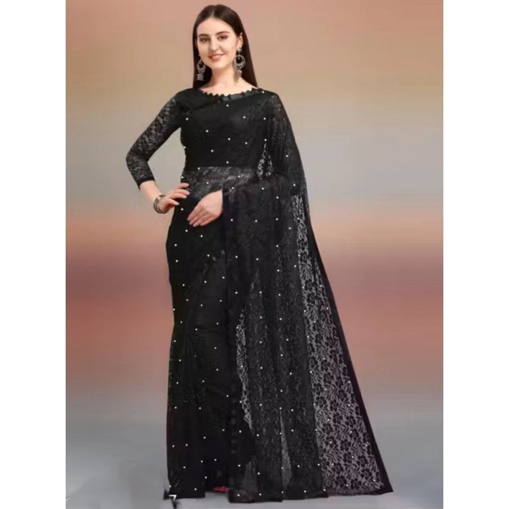 Women's Net Self Design Saree With Unstitched Blouse 5.5Mtr (Black)