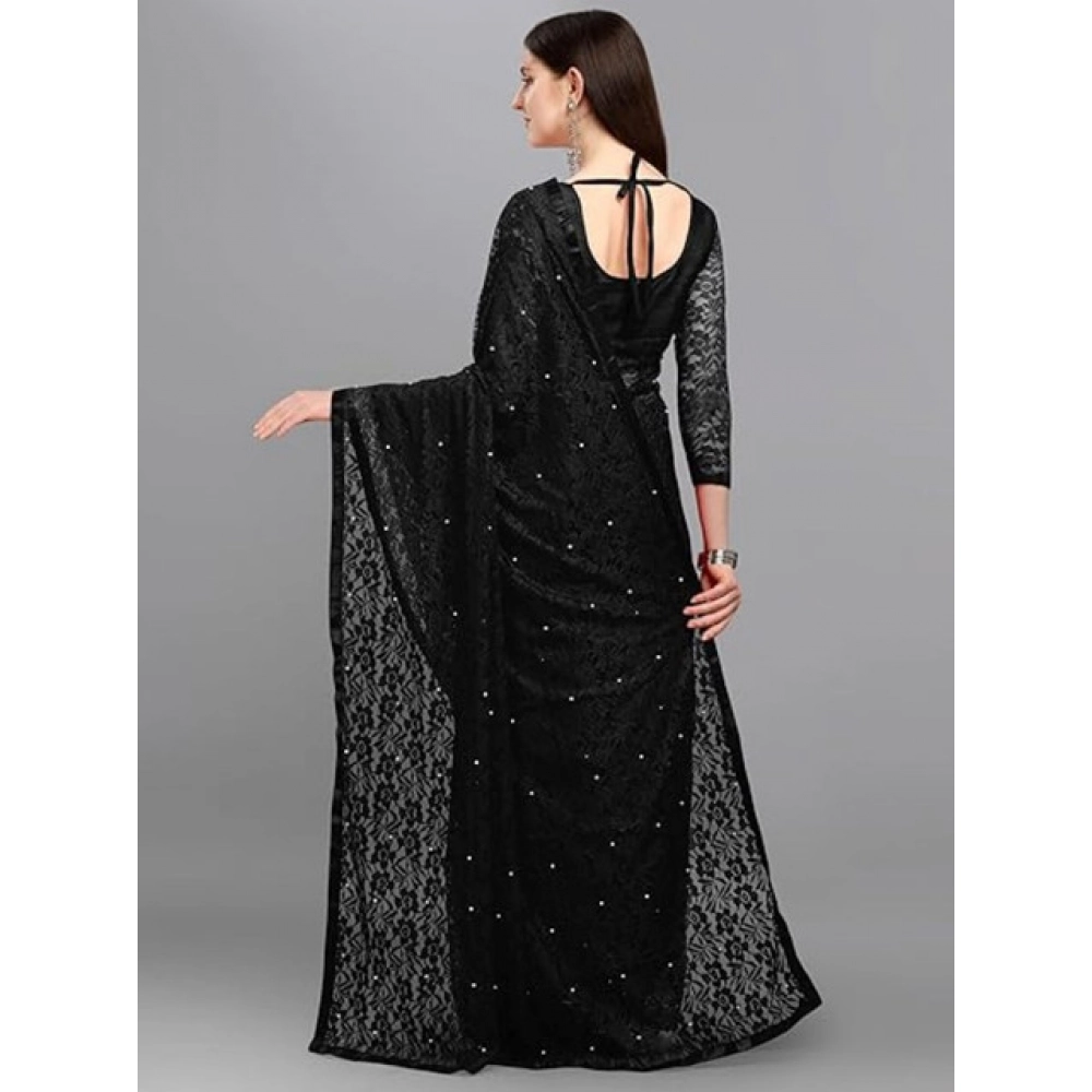 Women's Net Self Design Saree With Unstitched Blouse 5.5Mtr (Black) - Image 4