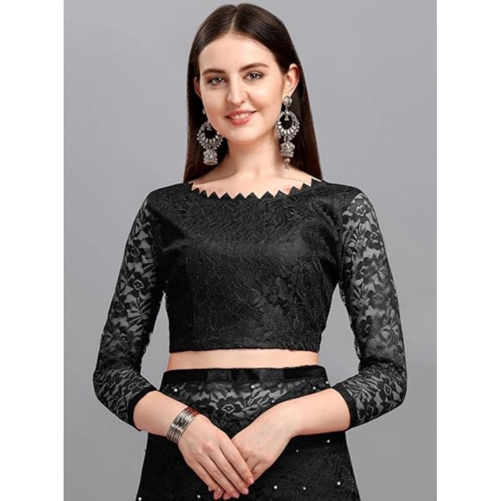Women's Net Self Design Saree With Unstitched Blouse 5.5Mtr (Black) - Image 3