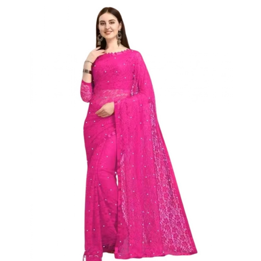 Women's Net Self Design Saree With Unstitched Blouse 5.5Mtr (Rani) - Image 2