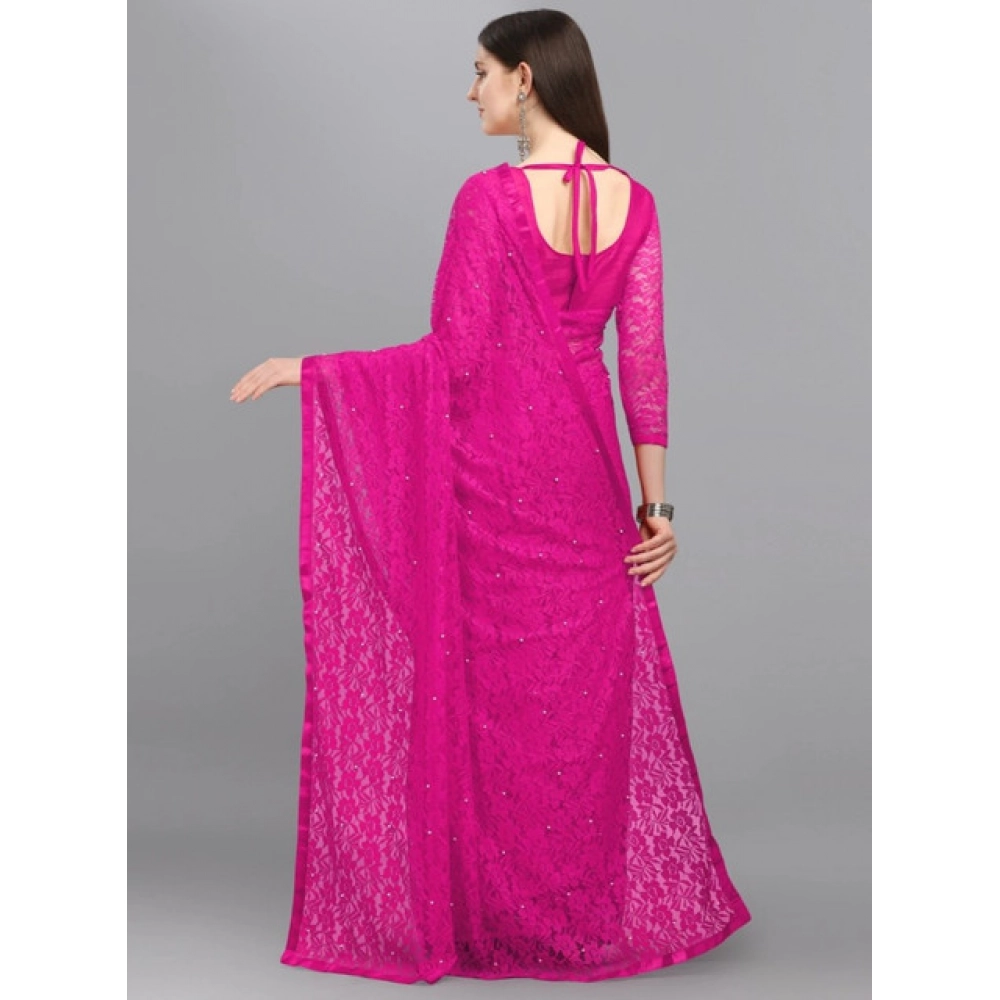 Women's Net Self Design Saree With Unstitched Blouse 5.5Mtr (Rani) - Image 4