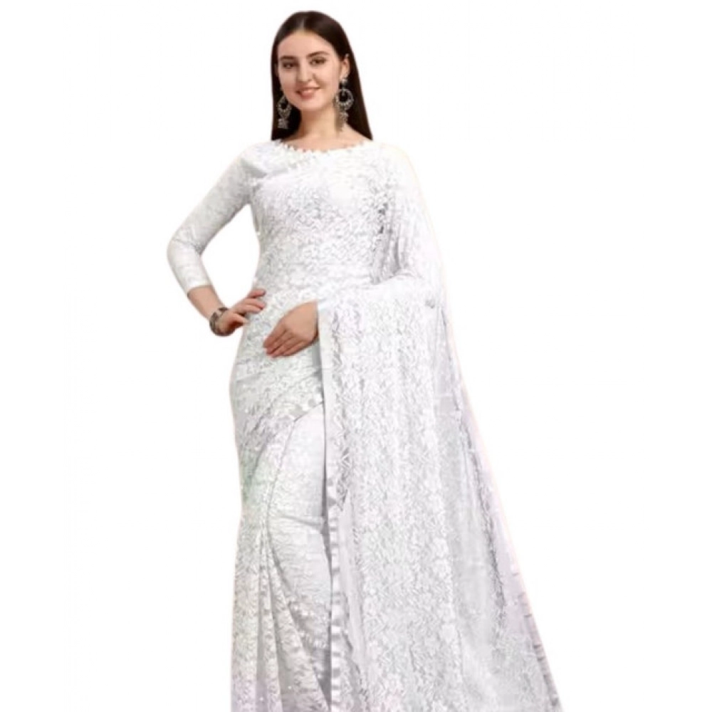Women's Net Self Design Saree With Unstitched Blouse 5.5Mtr (White) - Image 2