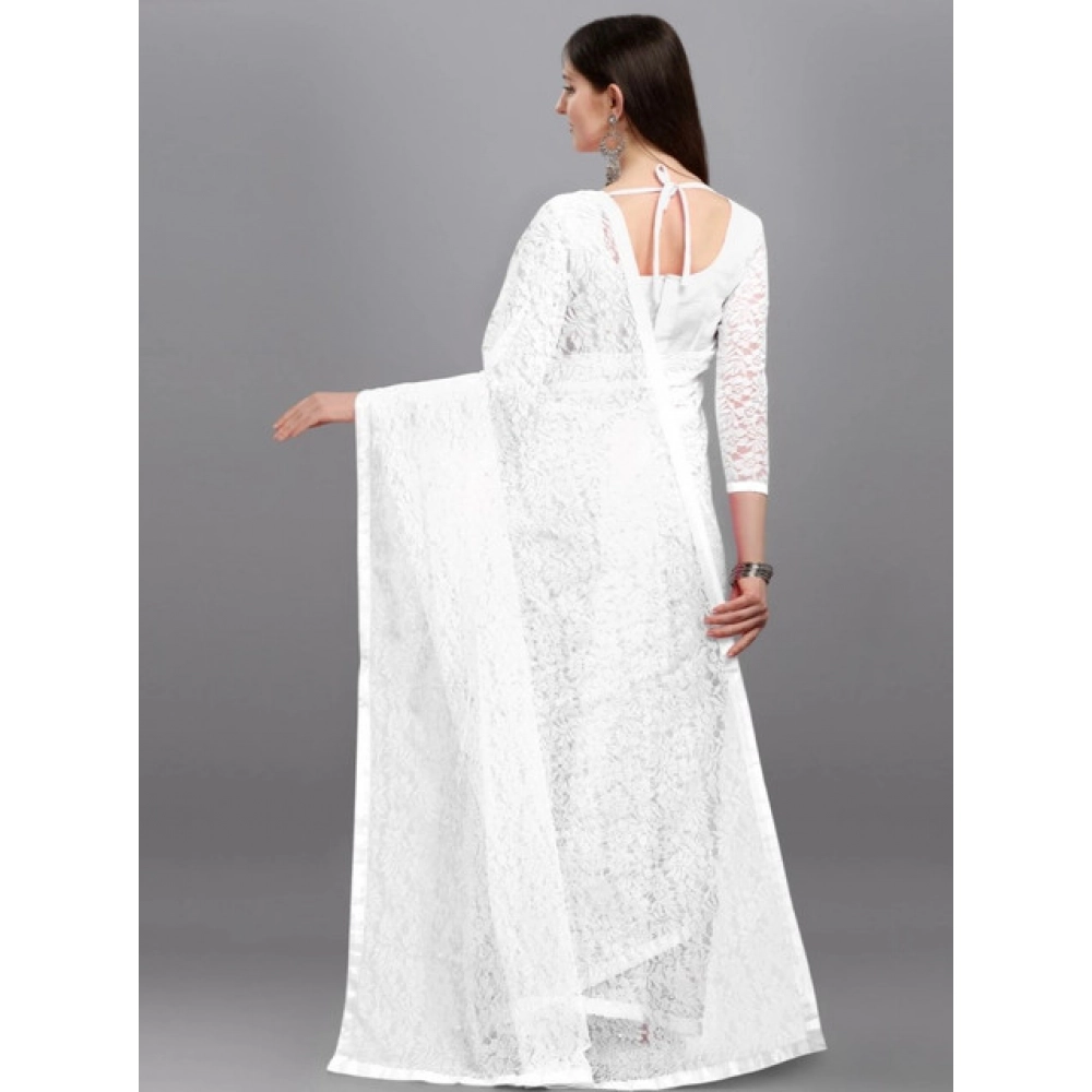 Women's Net Self Design Saree With Unstitched Blouse 5.5Mtr (White) - Image 4