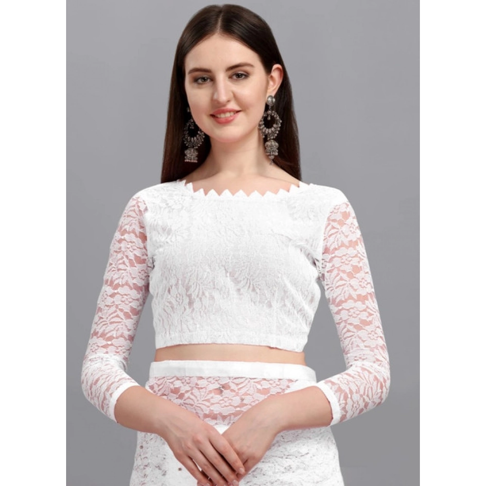 Women's Net Self Design Saree With Unstitched Blouse 5.5Mtr (White) - Image 3