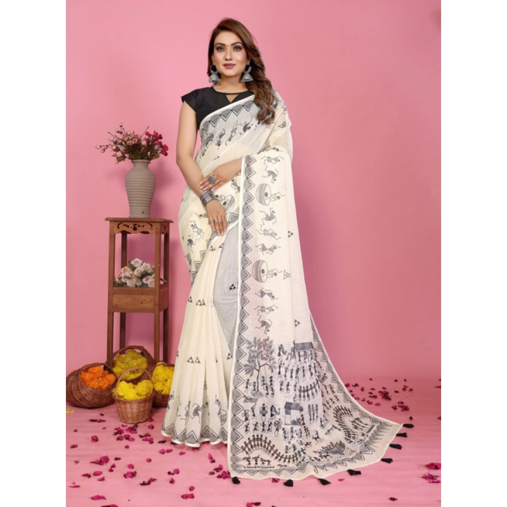 Women's Linen Cotton Printed Saree With Unstitched Blouse 5.5Mtr (Off White) - Image 5