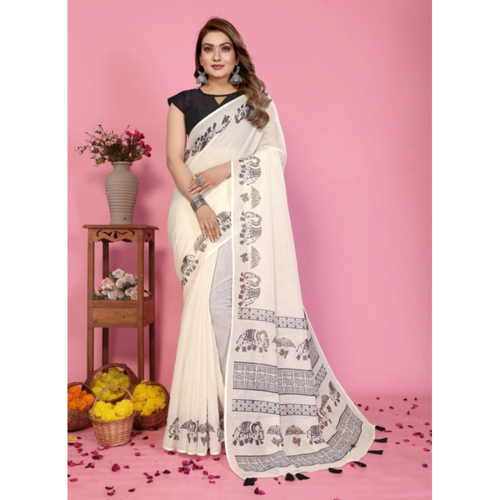 Women's Linen Cotton Printed Saree With Unstitched Blouse 5.5Mtr (Off White) - Image 5