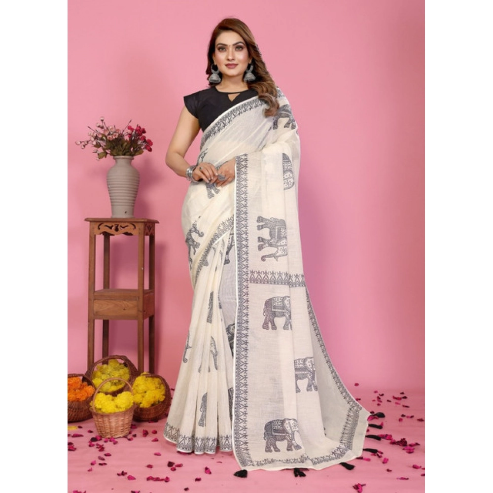 Women's Linen Cotton Printed Saree With Unstitched Blouse 5.5Mtr (Off White) - Image 5