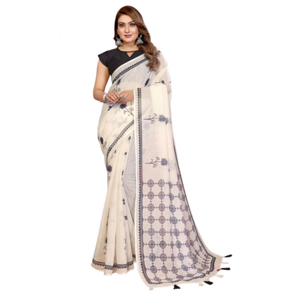 Women's Linen Cotton Printed Saree With Unstitched Blouse 5.5Mtr (Off White) - Image 2