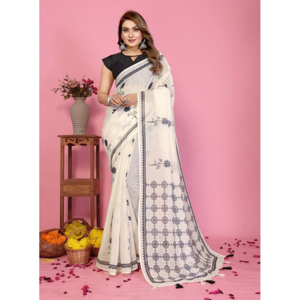 Women's Linen Cotton Printed Saree With Unstitched Blouse 5.5Mtr (Off White) - Image 5