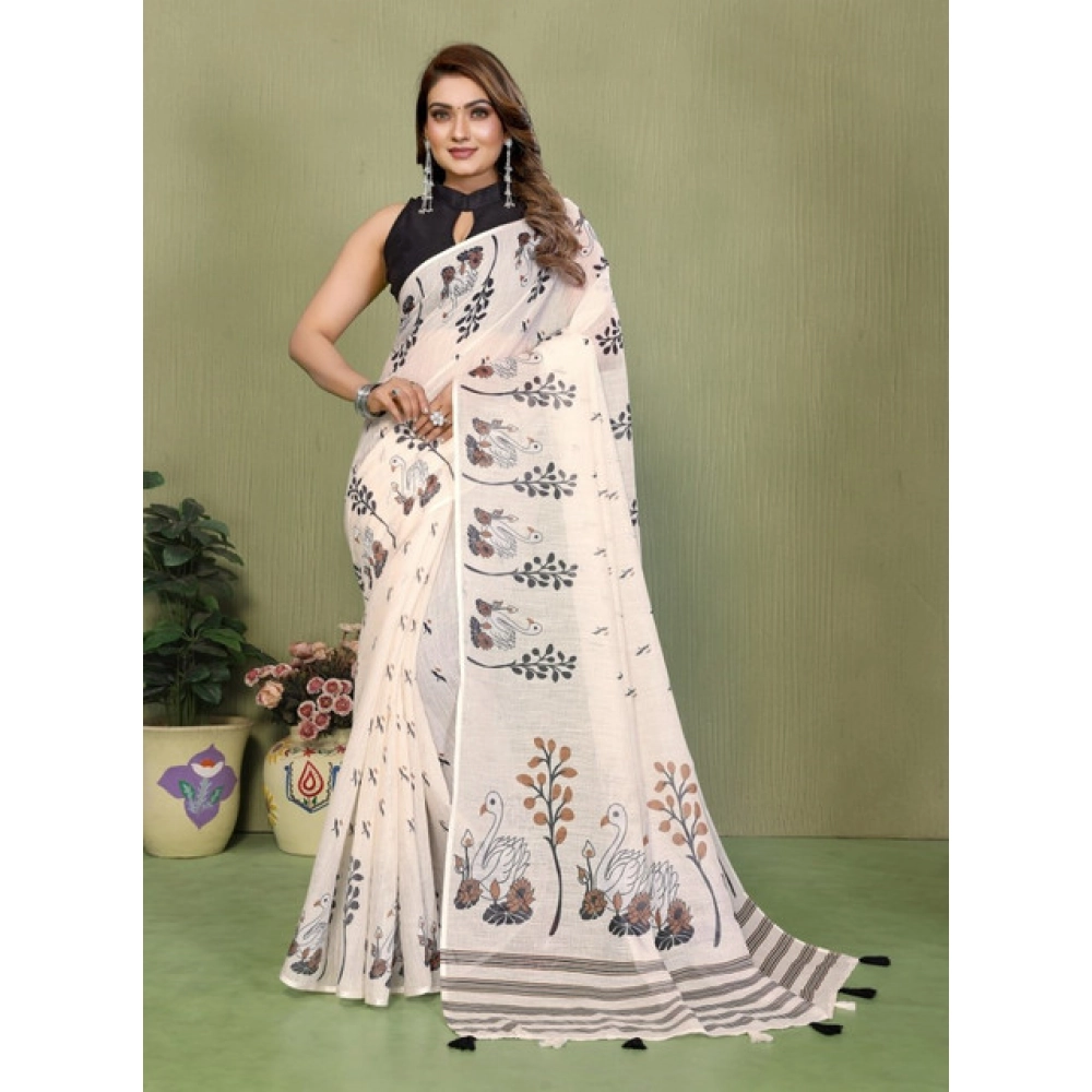 Women's Linen Cotton Printed Saree With Unstitched Blouse 5.5Mtr (Off White) - Image 5