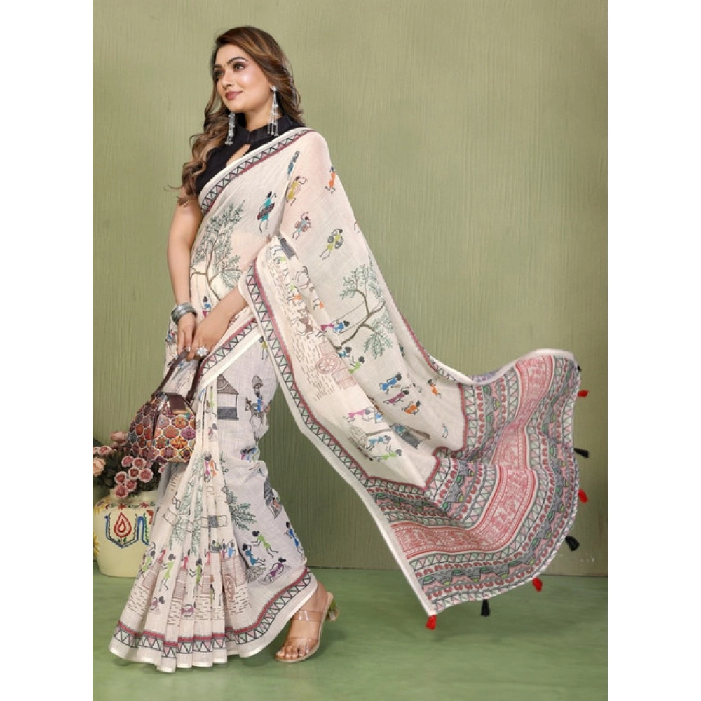 Women's Linen Cotton Printed Saree With Unstitched Blouse 5.5Mtr (Off White) - Image 5