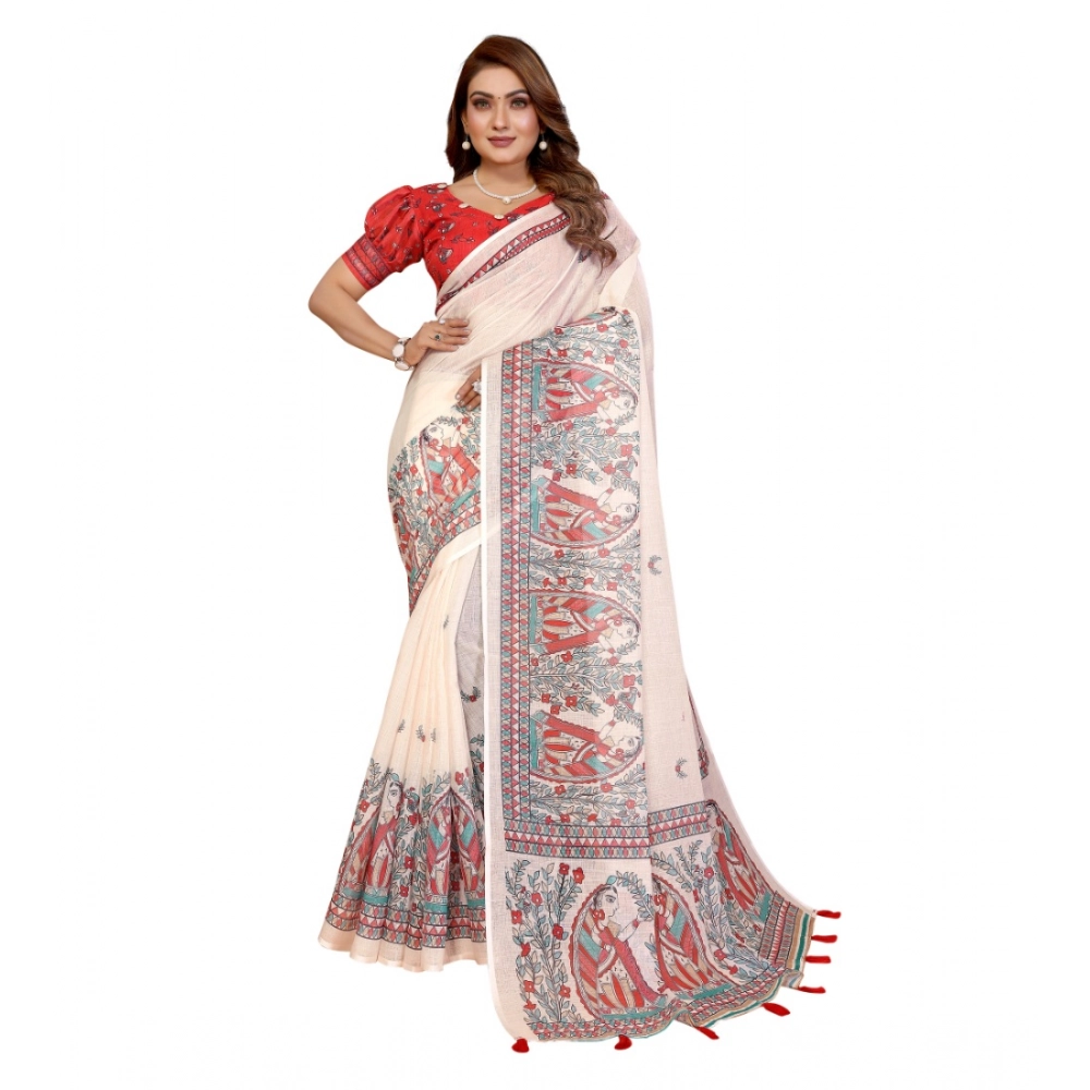 Women's Linen Cotton Printed Saree With Unstitched Blouse 5.5Mtr (Off White) - Image 2