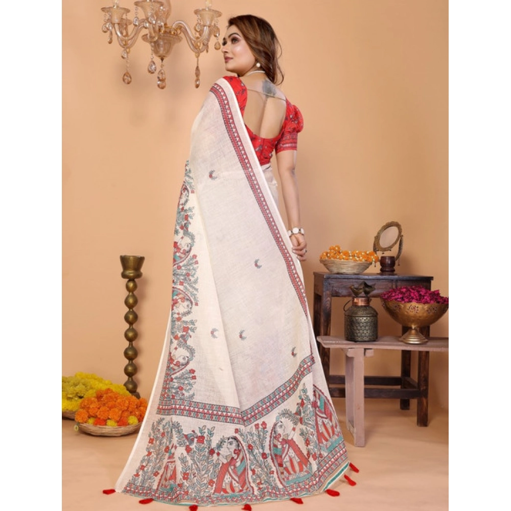 Women's Linen Cotton Printed Saree With Unstitched Blouse 5.5Mtr (Off White) - Image 3