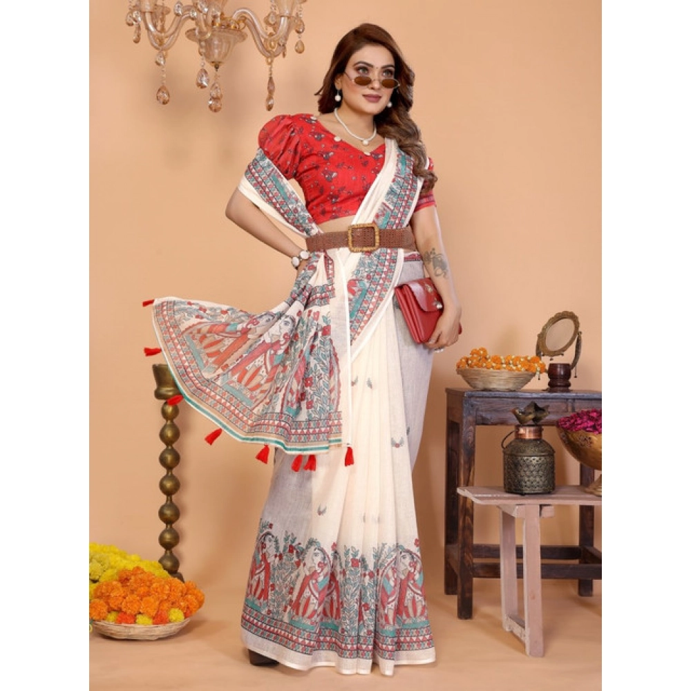 Women's Linen Cotton Printed Saree With Unstitched Blouse 5.5Mtr (Off White) - Image 5
