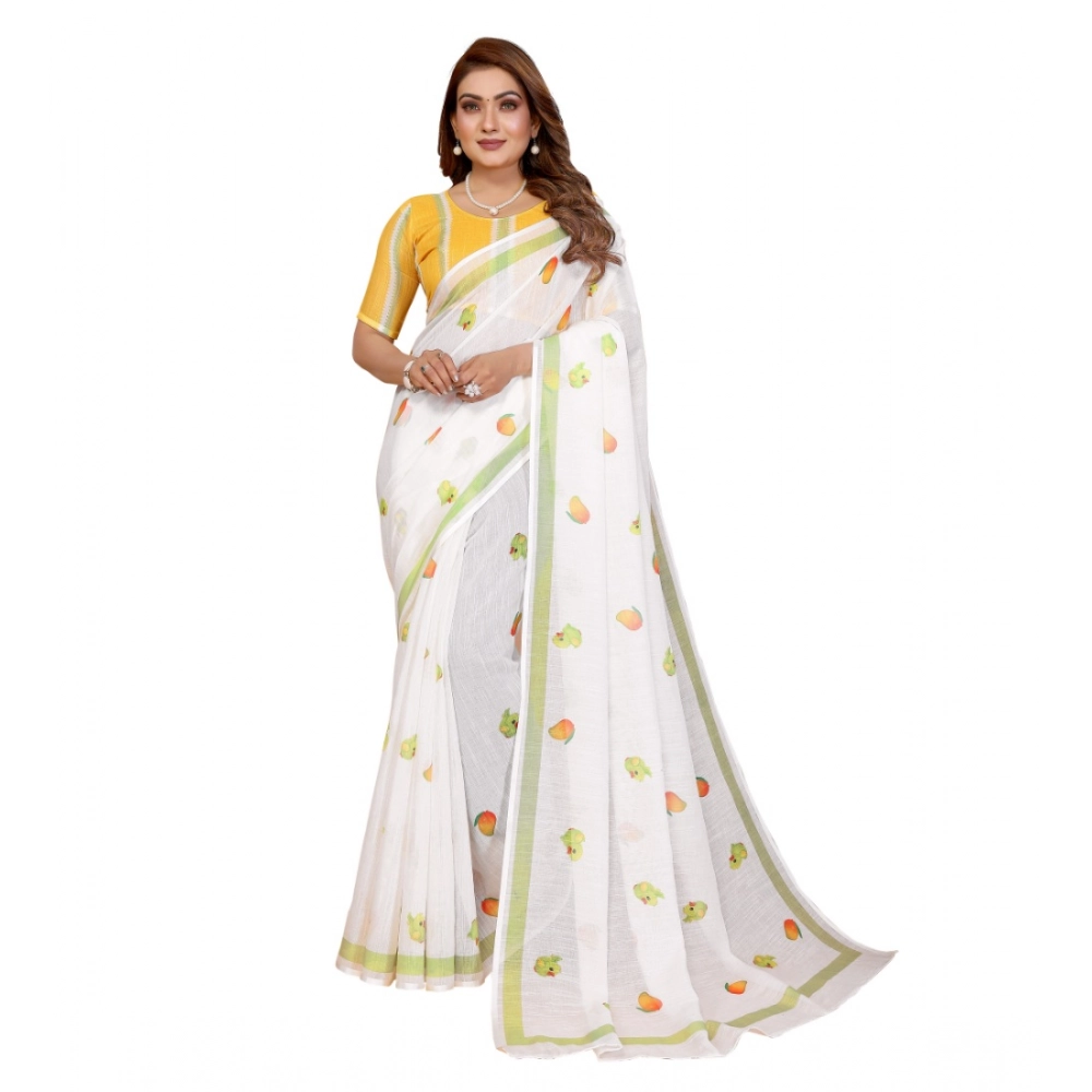 Women's Linen Cotton Printed Saree With Unstitched Blouse 5.5Mtr (White) - Image 2