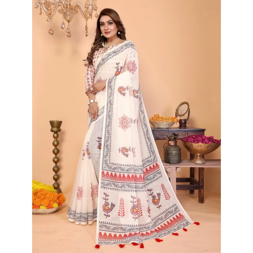 Women's Linen Cotton Printed Saree With Unstitched Blouse 5.5Mtr (Off White) - Image 3