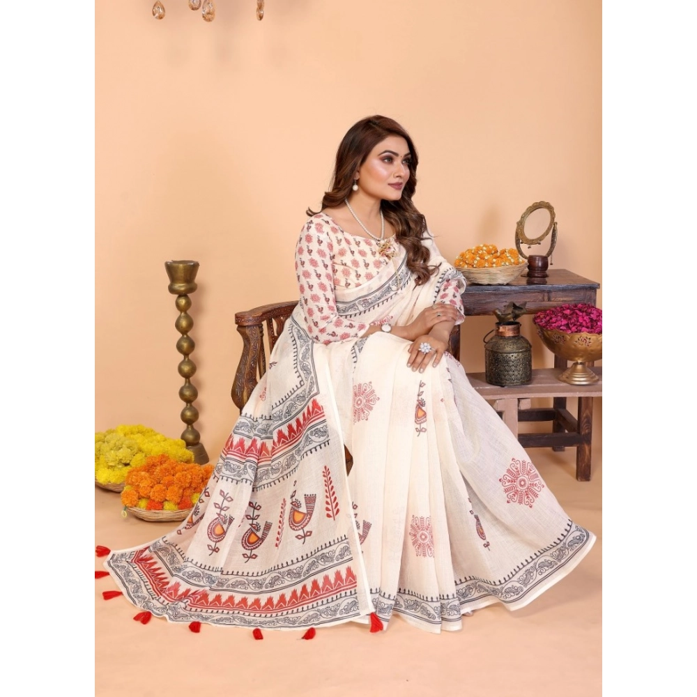Women's Linen Cotton Printed Saree With Unstitched Blouse 5.5Mtr (Off White) - Image 5