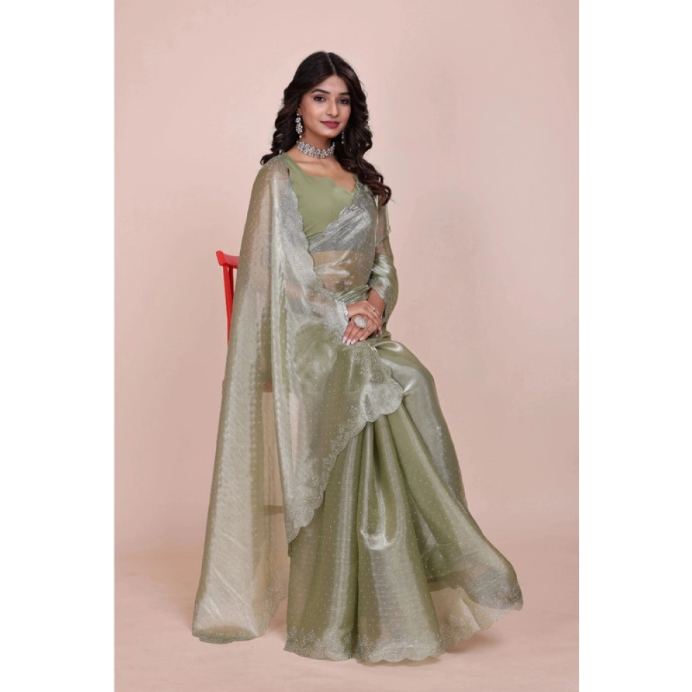 Women's Jimmy choo Embellished Bollywood Saree With Unstitched Blouse 5.5Mtr (Light Green) - Image 2