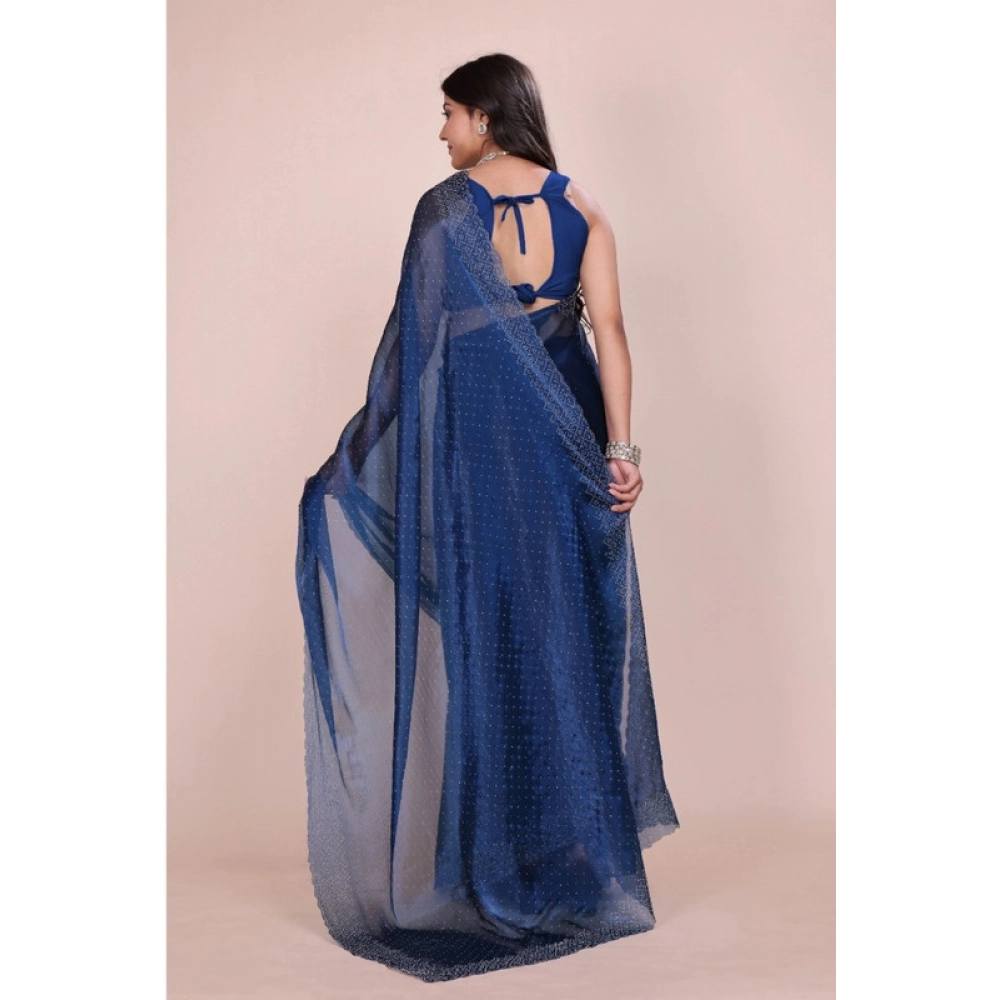 Women's Jimmy choo Embellished Bollywood Saree With Unstitched Blouse 5.5Mtr (Blue) - Image 2
