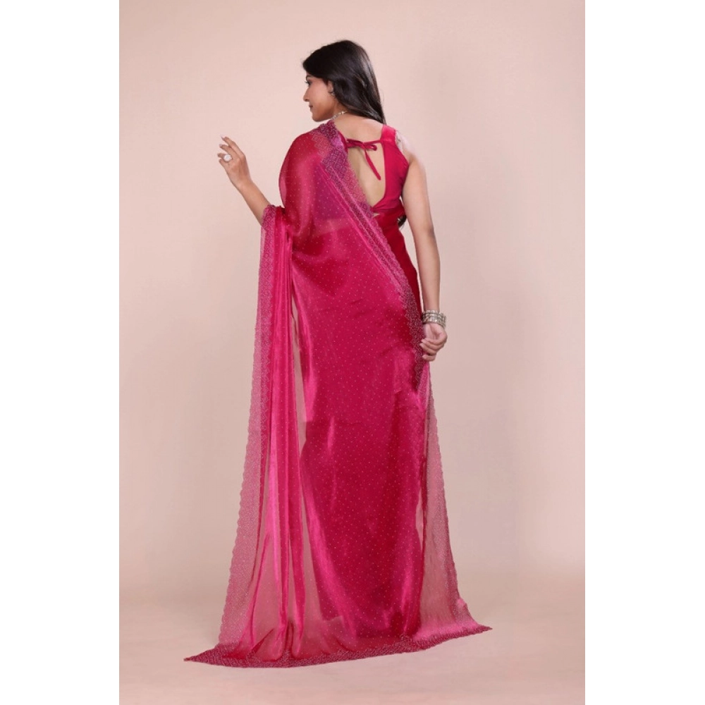Women's Jimmy choo Embellished Bollywood Saree With Unstitched Blouse 5.5Mtr (Red) - Image 2
