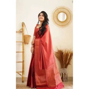 Women's Litchi silk Printed Saree With Unstitched Blouse (Red)