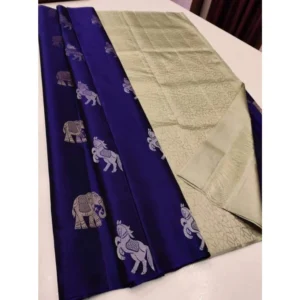 Women's Litchi silk Printed Saree With Unstitched Blouse (Navy Blue With White)