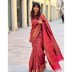 Women's Litchi silk Printed Saree With Unstitched Blouse (Red)