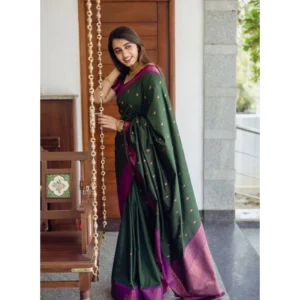 Women's Litchi silk Printed Saree With Unstitched Blouse (Dark Green)