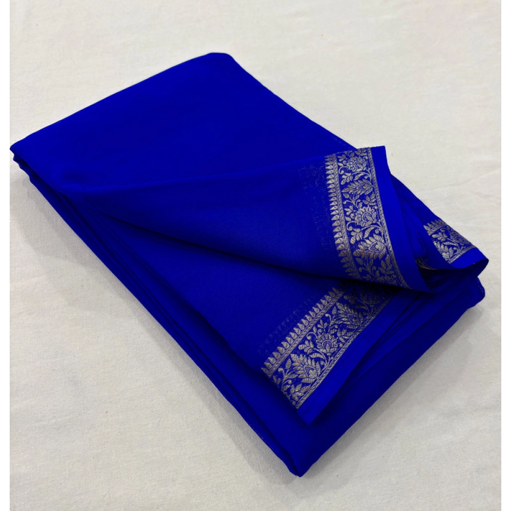 Women's Crepe Chit Pallu Solid Saree With Unstitched Blouse 5.5Mtr (Blue)