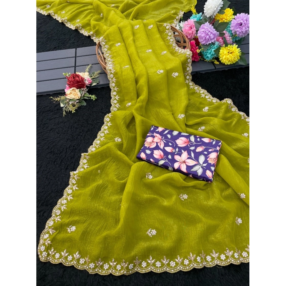 Women's Stone Work Soft Silk Saree With Unstitched Blouse (Green, 5-6 Mtrs) - Image 2