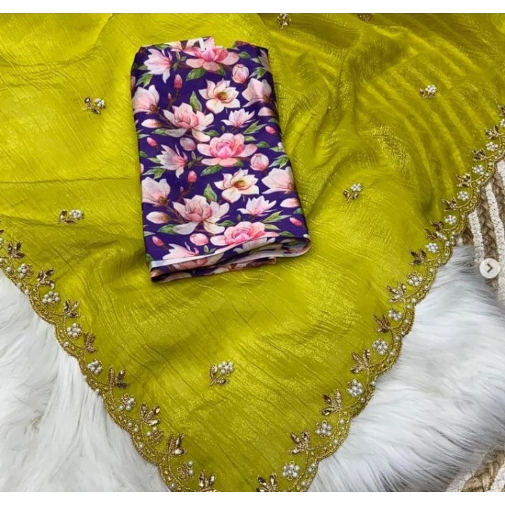 Women's Stone Work Soft Silk Saree With Unstitched Blouse (Green, 5-6 Mtrs) - Image 3