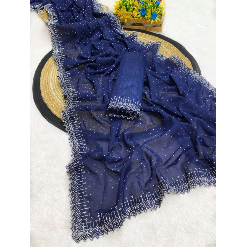 Women's Georgette Stone Work Saree With Unstitched Blouse 5.5Mtr (Blue) - Image 2