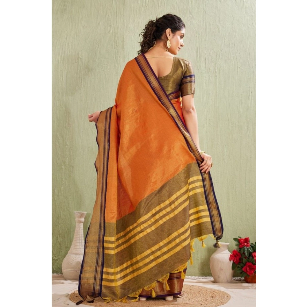 Women's Silk Blended Jaquard Woven Saree With Unstitched Blouse 5.5Mtr (Orange) - Image 2