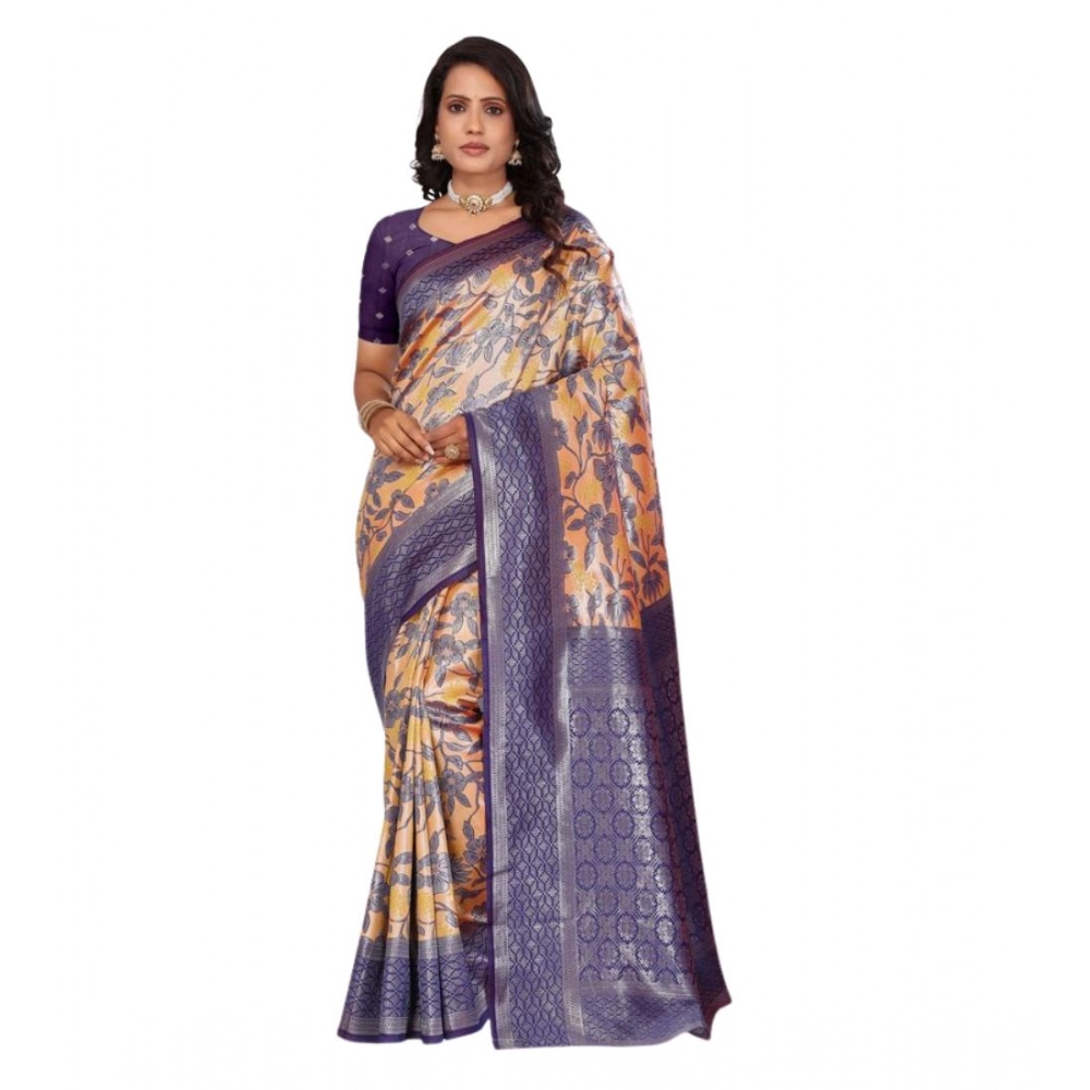 Women's Banarasi Silk Jaquard Woven Saree With Unstitched Blouse 5.5Mtr (Orange) - Image 5