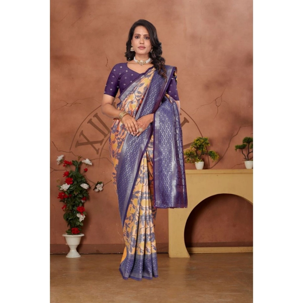 Women's Banarasi Silk Jaquard Woven Saree With Unstitched Blouse 5.5Mtr (Orange) - Image 2