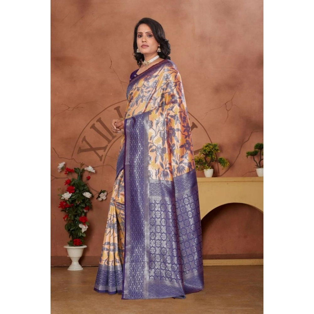 Women's Banarasi Silk Jaquard Woven Saree With Unstitched Blouse 5.5Mtr (Orange) - Image 3