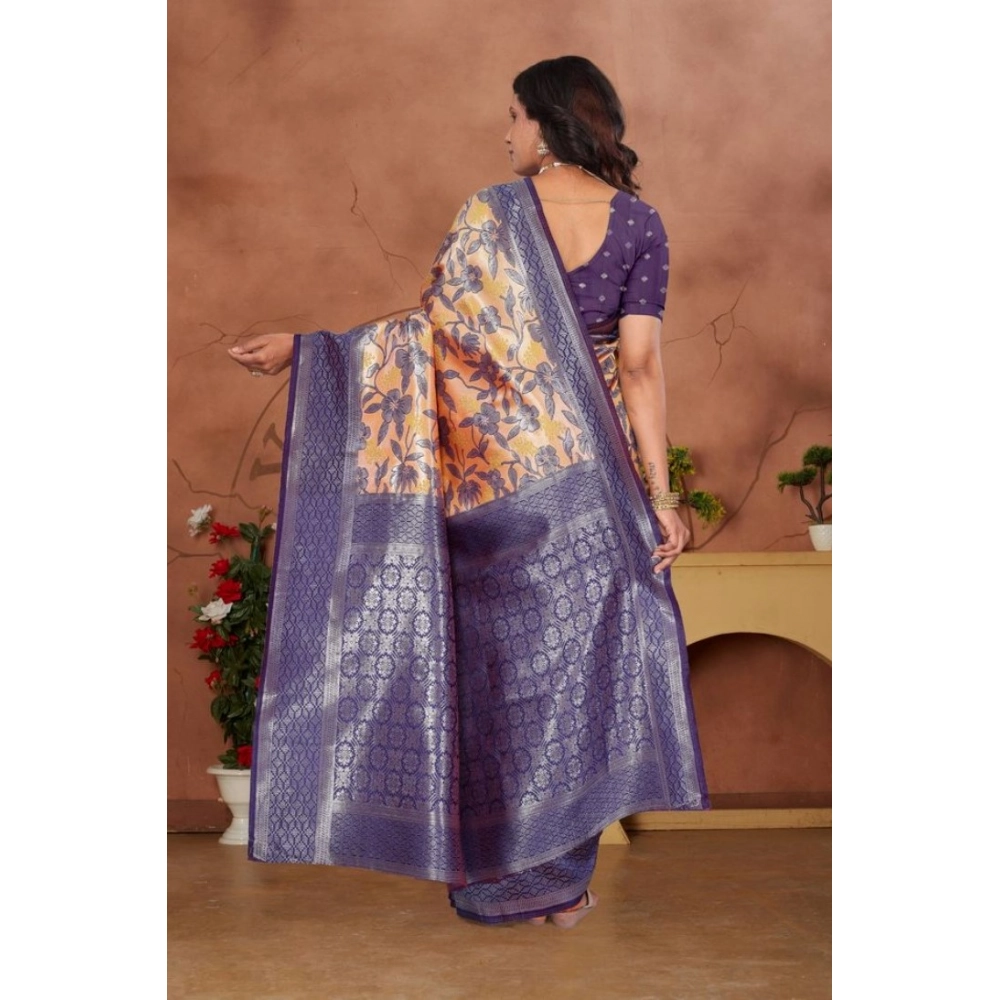 Women's Banarasi Silk Jaquard Woven Saree With Unstitched Blouse 5.5Mtr (Orange) - Image 4