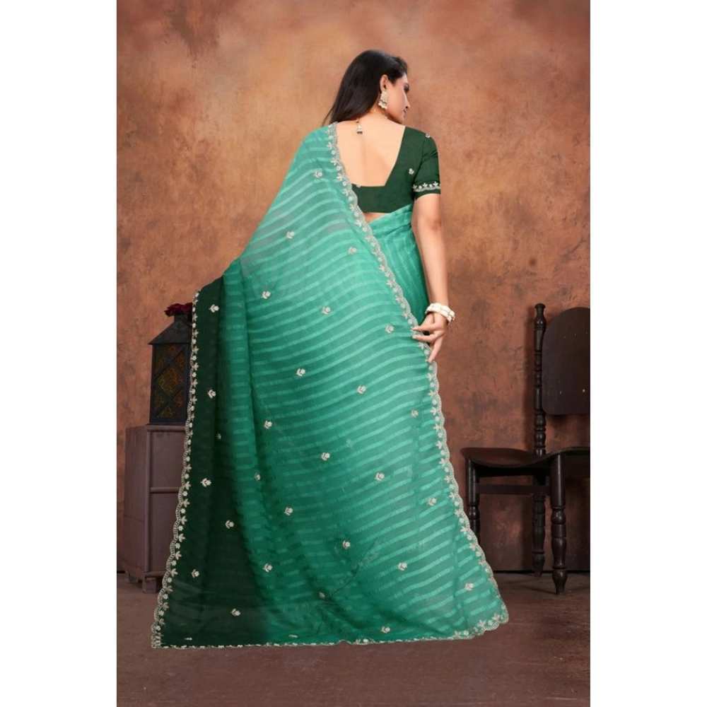 Women's Chiffon Embroidred Saree With Unstitched Blouse 5.5Mtr (Dark Green) - Image 4