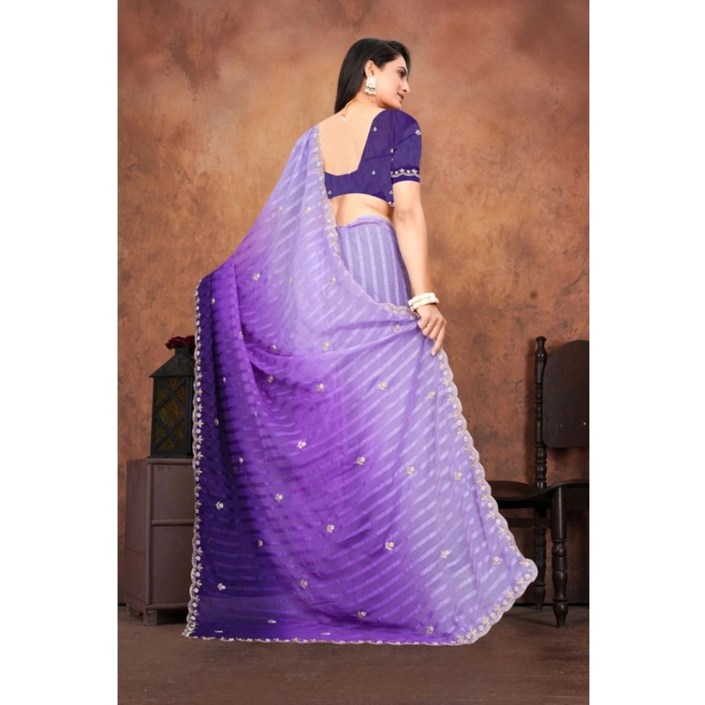 Women's Chiffon Embroidred Saree With Unstitched Blouse 5.5Mtr (Purple) - Image 4