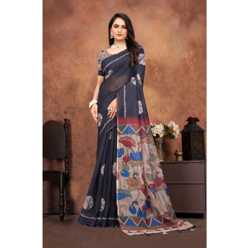Women's Linen Printed Saree With Unstitched Blouse 5.5Mtr (Black) - Image 2