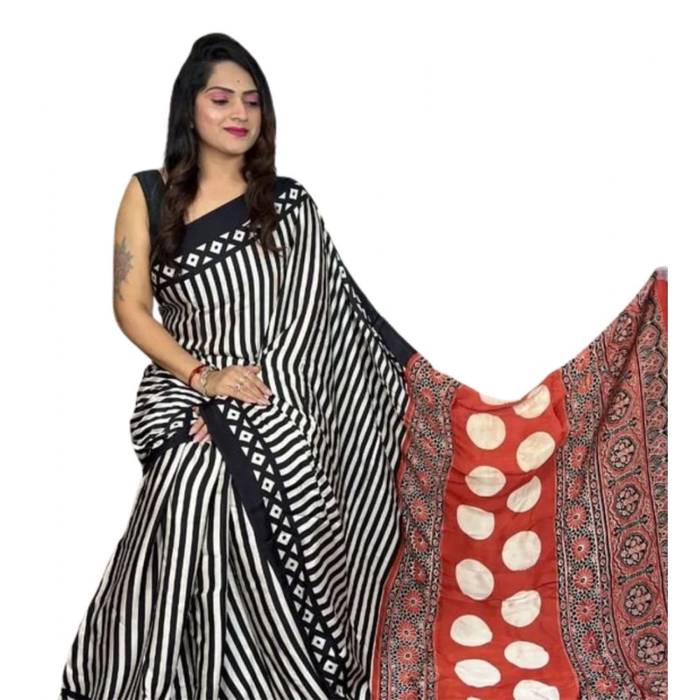 Women's Satin Printed Saree With Unstitched Blouse 5.5Mtr (Black) - Image 2